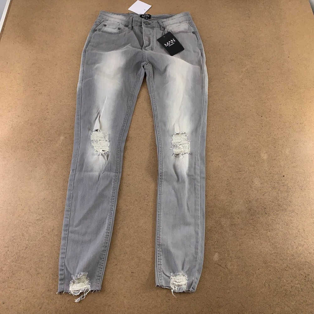 Boohooman Mens Slim Skinny Jeans Gray Distressed Faded Denim 32 x 29.5 New